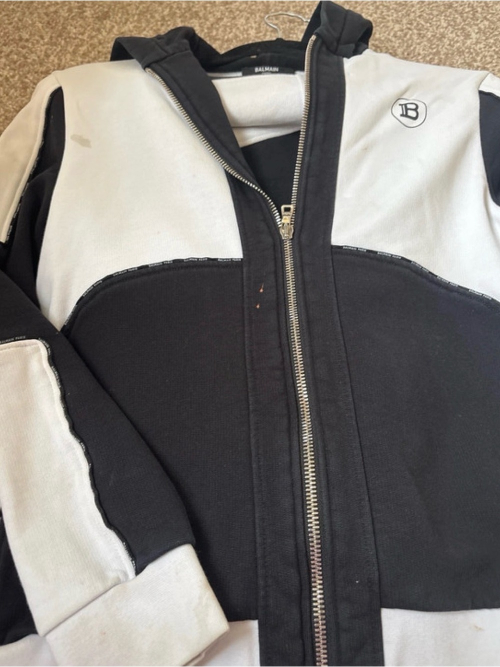 Balmain Black and White Contrast Zip Hoodie